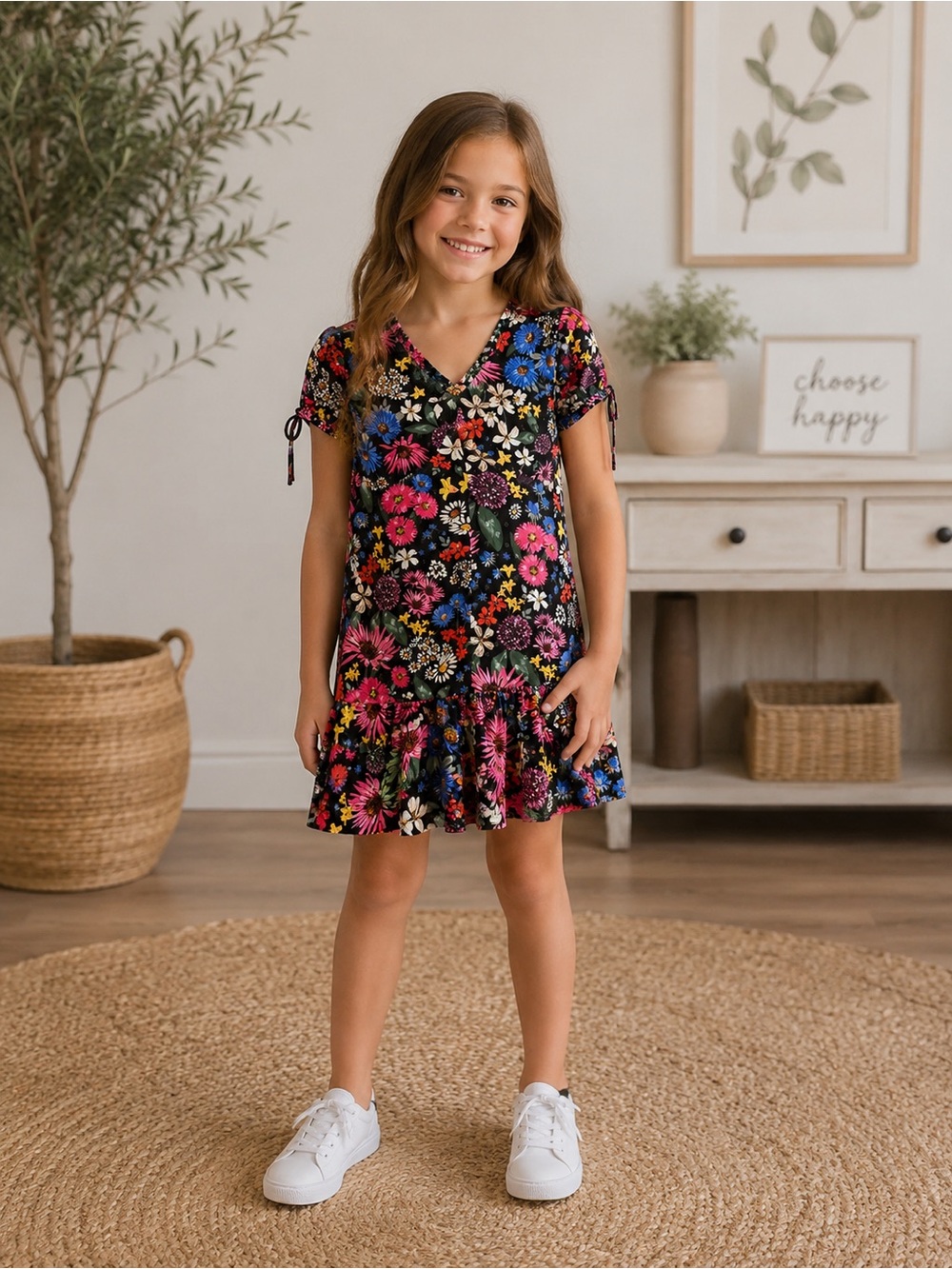 Girls' Black Floral V-Neck Ruffle Hem Dress